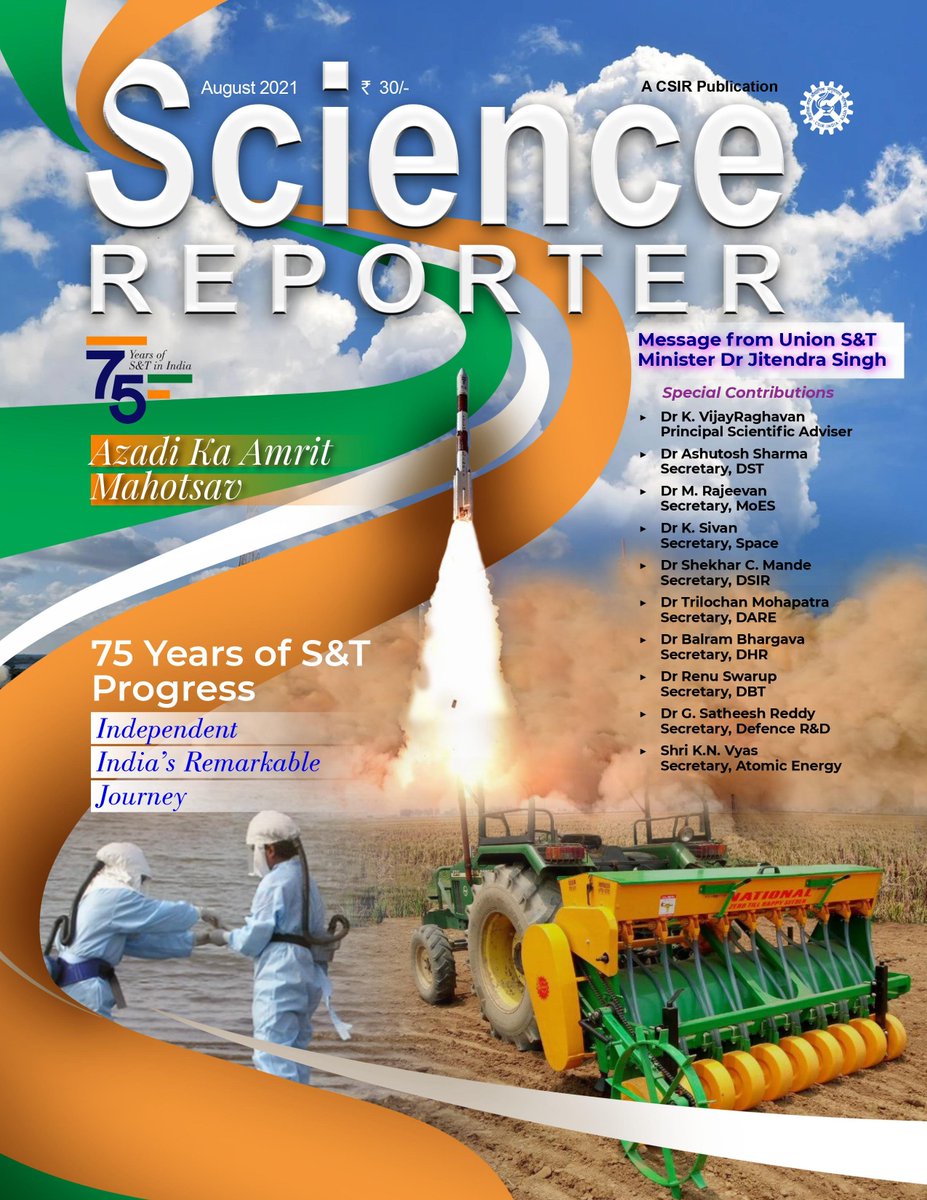 CSIR_IND's tweet image. A Collector&apos;s Edition of #ScienceReporter showcasing 75 Years of #India&apos;s #Science &amp;amp; #Technology Progress 

#AzadiKaAmritMahotsav 

Access at: nopr.niscair.res.in/handle/1234567…

@DrJitendraSingh @kvijayraghavan @shekhar_mande @Ashutos61 @RenuSwarup @rajeevan61 @ProfBhargava @Ranjana_23