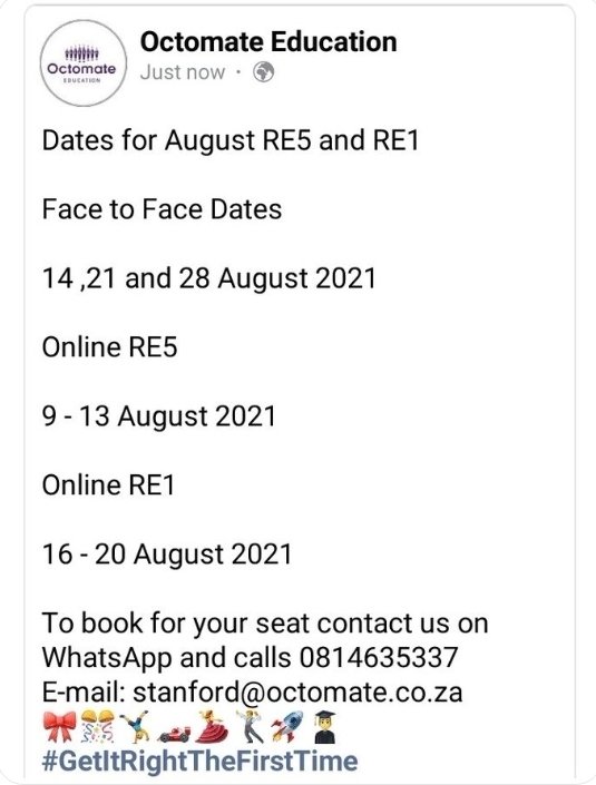 ooctomate's tweet image. 4 more days to go for the August RE5 Online Workshop. Only 3 spaces are remaining book your space now.🎀🎊👨‍🎓💃🕺🚀🏎🤸‍♀️💥
Whatsapp or Calls 0814635337
#GetItRightTheFirstTime