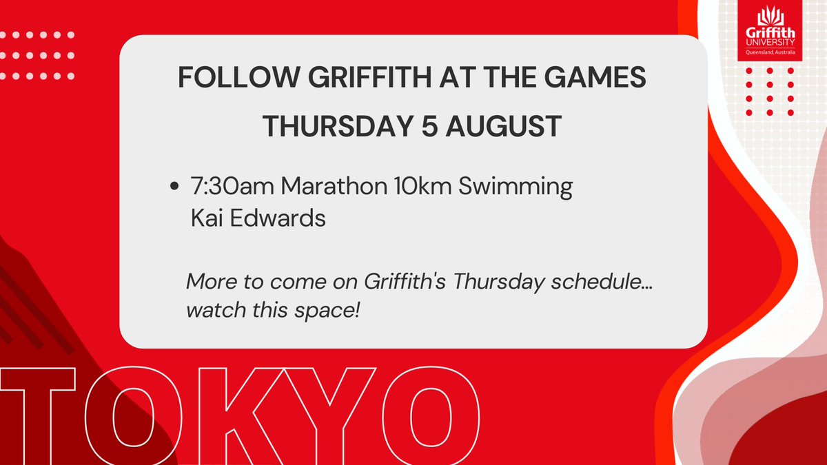 Griffith_Uni's tweet photo. One to get up early for tomorrow. #GriffithUni athletes at the #Games on Thursday include @Griffith_GSC member and Sport Development student Kai Edwards, taking on the 10km marathon swim from 7.30am. #TokyoTogether #ItsTokyoTime https://t.co/uHzbt0JUZ3