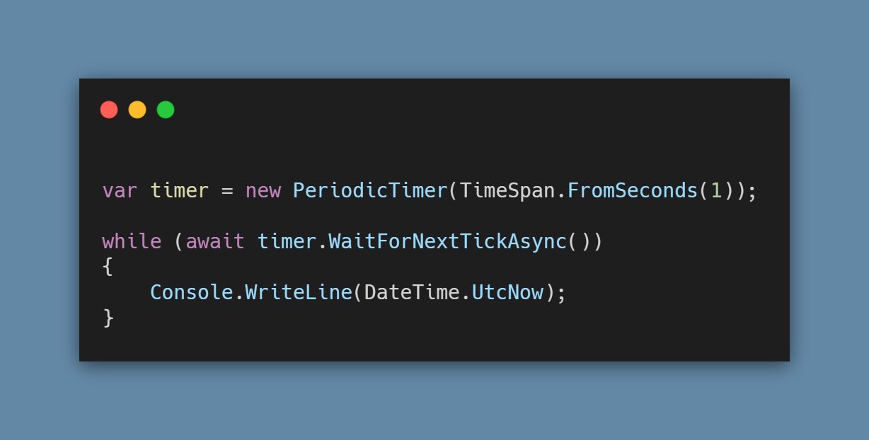 David Fowler on X: "Last but not least, a modern timer API (I think this is the 5th timer API in .NET now). It's fully async and isn't plagued by the types David Fowler on X: "Last but not least, a modern timer API (I think this is the 5th timer API in .NET now). It's fully async and isn't plagued by the types