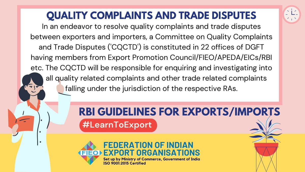 FieoHq's tweet photo. #LearnToExport
What are the provisions for Quality Complaints and Trade Disputes under RBI Guidelines?
#ExportLiteracy #RBI #guidelines #Exports #Imports #financial #EOU #EHTP #STP #BTP #LetterOfCredit #Scheme #Credit #Deemed #advanceauthorization #dutydrawback @dgftindia https://t.co/NxscbTdW62