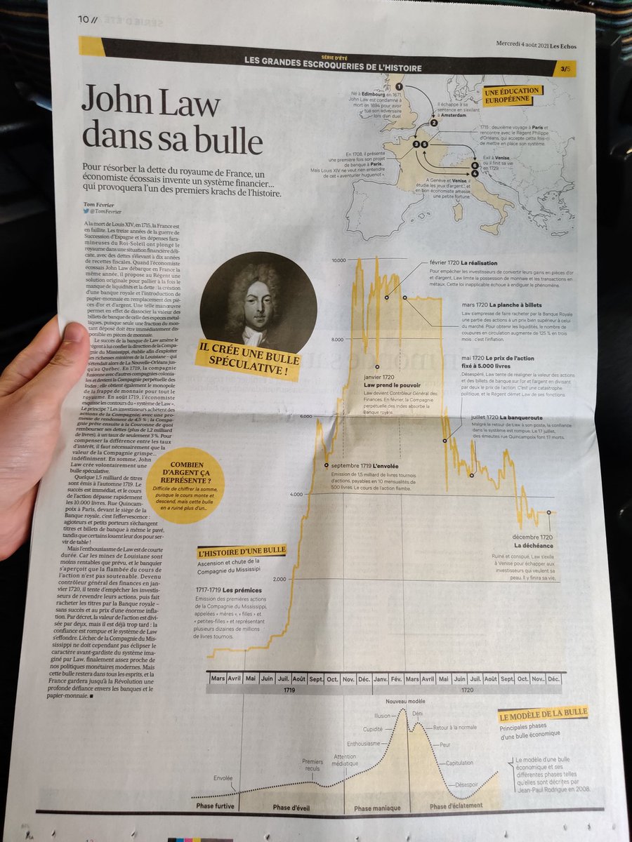 📰 📈🏦 À découvrir dans <a href="/LesEchos/">Les Echos</a> du jour : le troisième épisode de notre série d'été sur les grandes escroqueries de l'Histoire !

Et aujourd'hui, je vous parle de John Law, l'économiste à l'origine de la première bulle spéculative française... en 1720 ⬇️