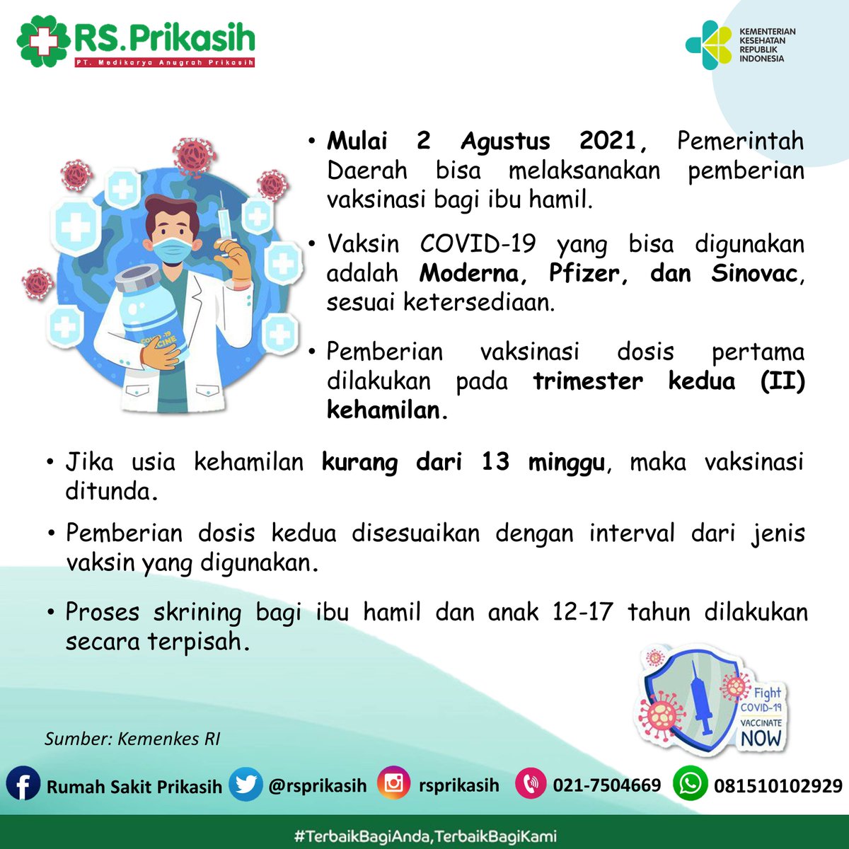 rsprikasih's tweet photo. Mulai tanggal 2 Agustus 2021, Kementerian Kesehatan RI mengizinkan pemberian vaksinasi Covid-19 untuk ibu hamil
.
Pemberian vaksin ini diharapakan dpt menekan jumlah ibu hamil yg tertular, mengingat ibu hamil berisiko tinggi apabila terpapar Covid-19
.
Yuk sukseskan vaksinasi https://t.co/PGM1zQaXyp