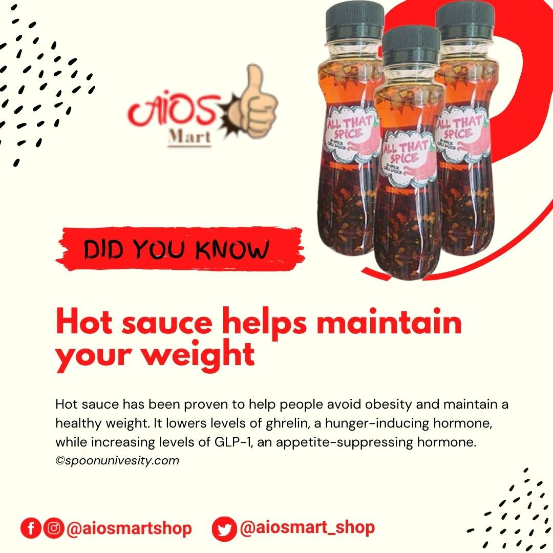 AiosMart_Shop's tweet photo. Did you know?
Hot sauce helps maintain your weight. 🙂
*Hot sauce has been proven to help people avoid obesity and maintain a healthy weight. It lowers levels of ghrelin, a hunger-inducing hormone, while increasing levels of GLP-1, an appetite-suppressing hormone. https://t.co/e0gaKidSqP