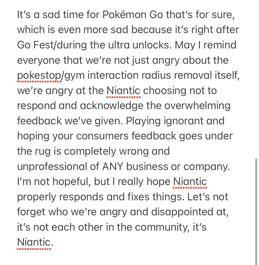 ItsFleeceKing's tweet photo. Niantic have definitely handled this situation badly. Not only the removal of the increased pokestop/interaction radius, but as well as the absence of communication/response to the overwhelming amount of feedback we’ve given. We shouldn’t be mad at each other, but with Niantic. https://t.co/4zD0rJRrR7