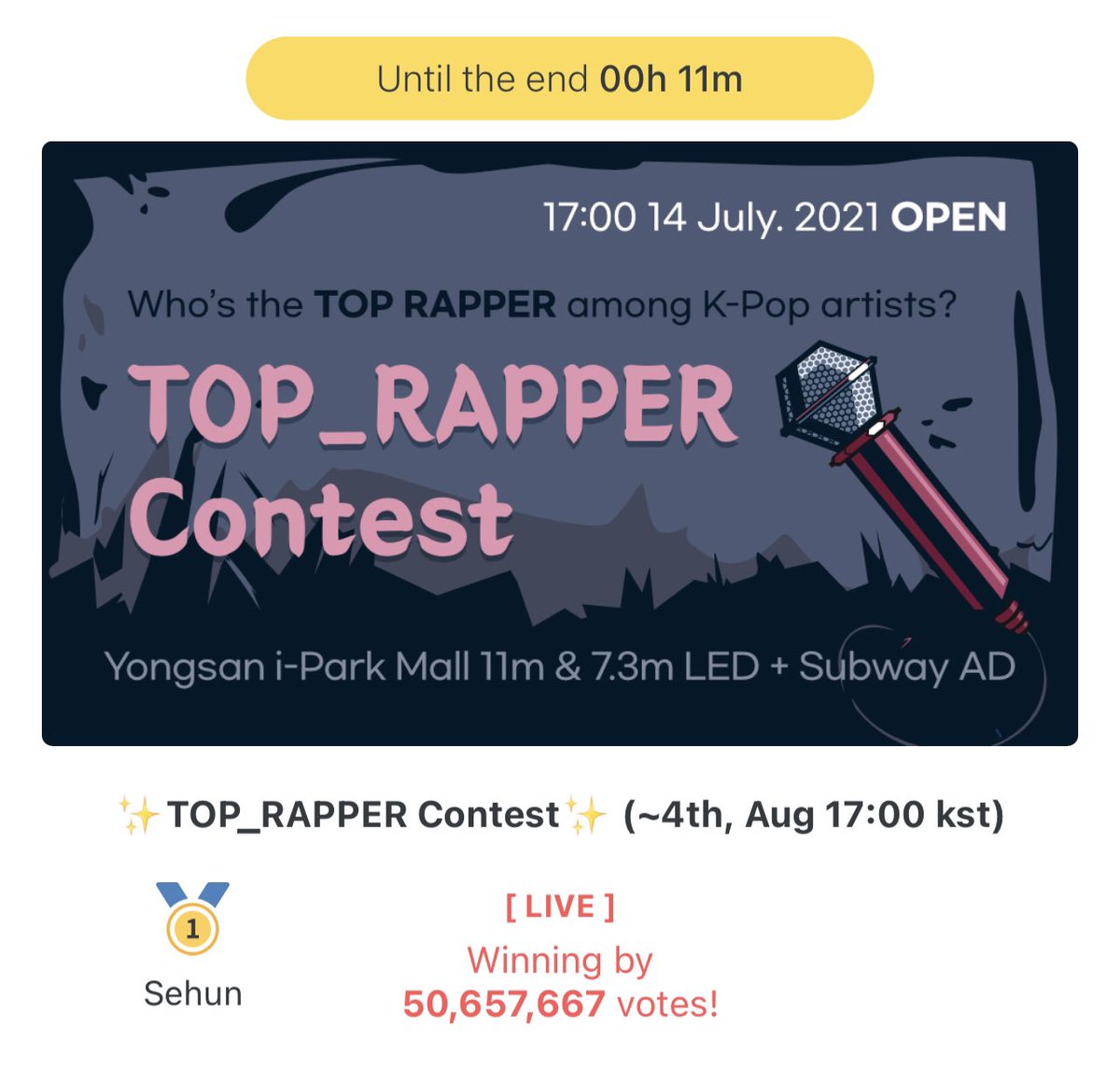 xunqistation's tweet photo. [FANPLUS]

The #Top_Rapper Contest is ending in less than 10 minutes and #SEHUN is leading with more than 50 million votes! Have you voted?

Let’s win this for our Sehunnie! 🤍

#세훈 #엑소세훈 https://t.co/887EvGrvob
