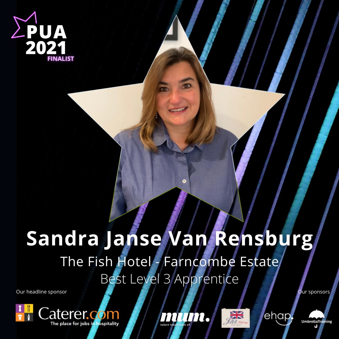 Congratulations to #PurpleUmbrellaAwards2021 finalist, Sandra Janse Van Rensburg, who has been nominated for Best Level 3 Apprentice due to her integrity and compassion. <a href="/TheFishHotel/">The Fish Hotel</a> - <a href="/FarncombeEstate/">Faces of Farncombe</a>

#PUA2021
@sharewithmum @Catererdotcom <a href="/HospAction/">Hospitality Action</a> <a href="/beinclusivehosp/">Be Inclusive Hospitality</a> <a href="/EliteHAP/">ehap</a>