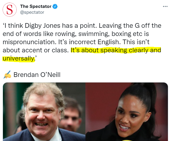 RobDrummond's tweet photo. If Brendan O'Neill can find just one single person who couldn't understand Alex Scott on the basis of her pronunciation of 'swimming', I will happily provide a 'Sociolinguistics: The absolute basics' class for him free of charge. https://t.co/YB7hzryFAU