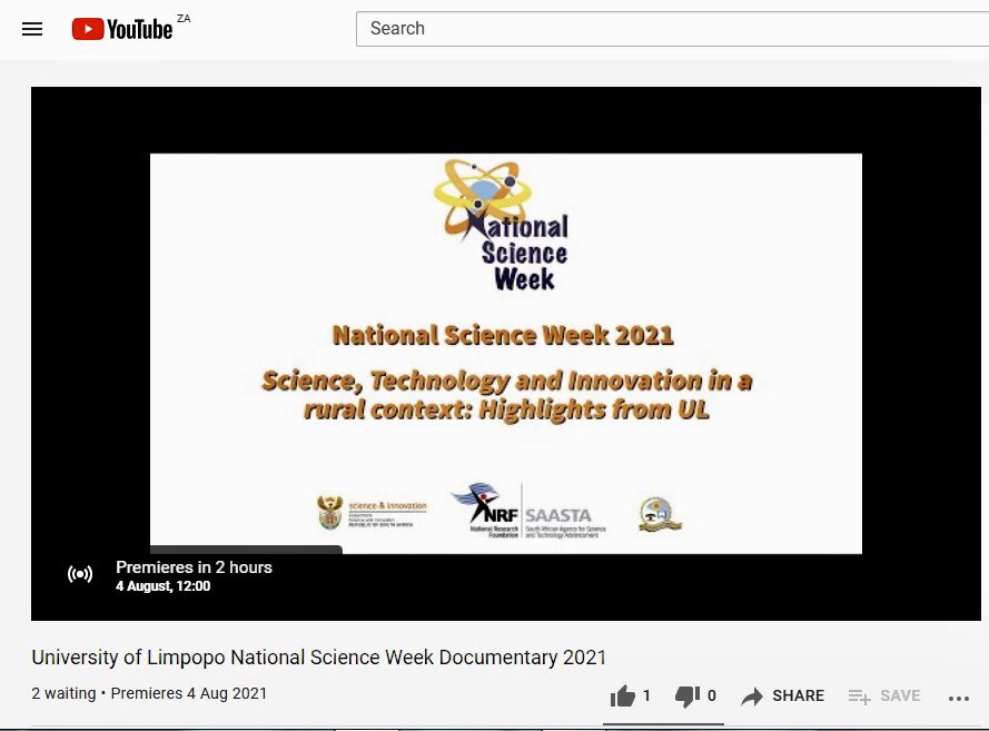 At 12:00 today, we will be premiering the University of Limpopo’s National Science Week documentary. To watch this doccie, visit the <a href="/ULvarsity/">University of Limpopo</a> ‘s YouTube channel by following this link: youtube.com/channel/UCoKJA… #NSW2021 #SASciWeek <a href="/NRF_SAASTA/">SAASTA</a> @dsigovza