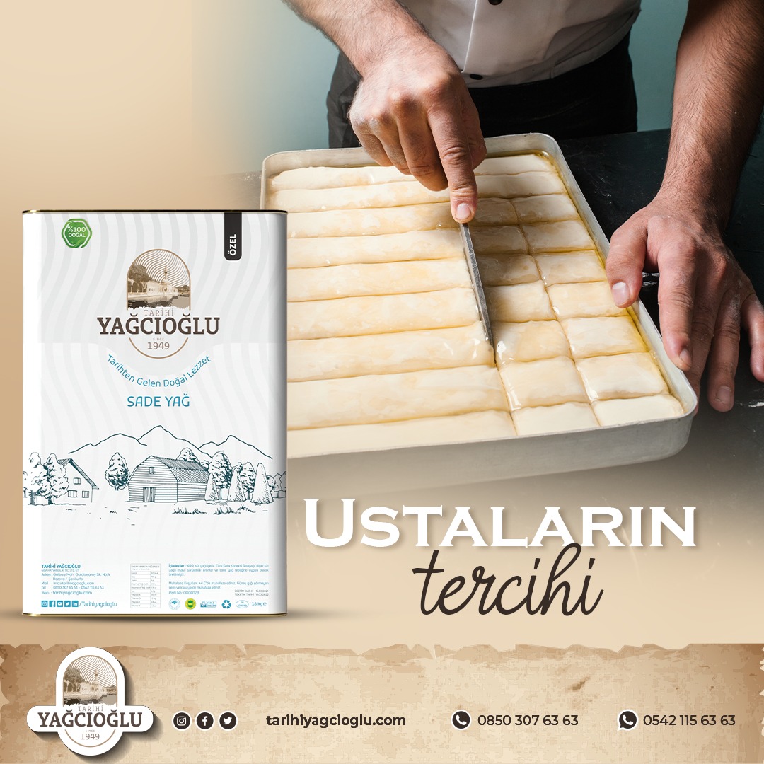 Büyük ustaların vazgeçilmez lezzet kaynağı Tarihi Yağcıoğlu Özel Sade Yağ ile çıtır baklavalar sizin için artık çok kolay. Hemen tarihiyağcıoğlu.com'a girip lezzeti keşfedin. 

#sadeyağ #doğalürün  #yağ #ghee #sağlıklıyaşam #sadeyag #tarihiyağcıoğlu #baklava #künefe #kadayıf