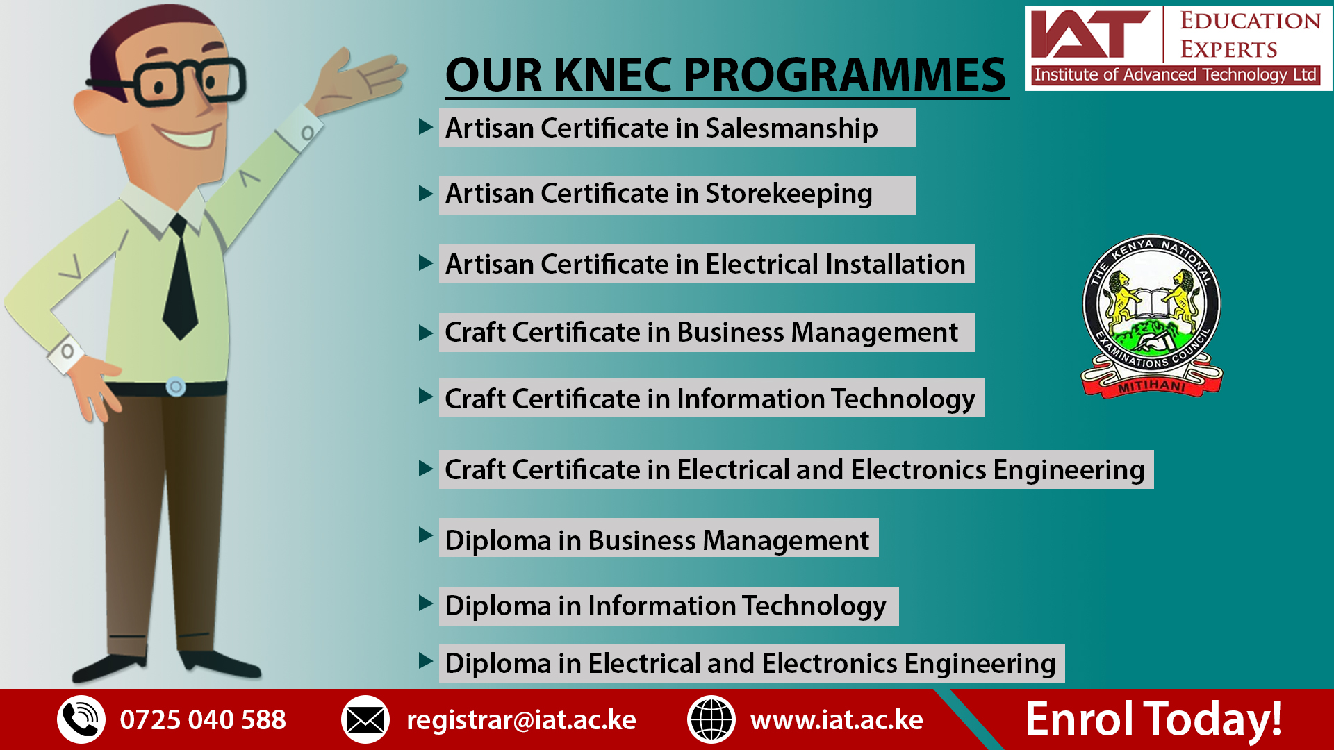 IATcollege en Twitter: "IAT-KNEC programs offer you a clear progression  path to advance your career in ICT and Business. With a KCSE mean grade of  D-, D or C-, you can enroll