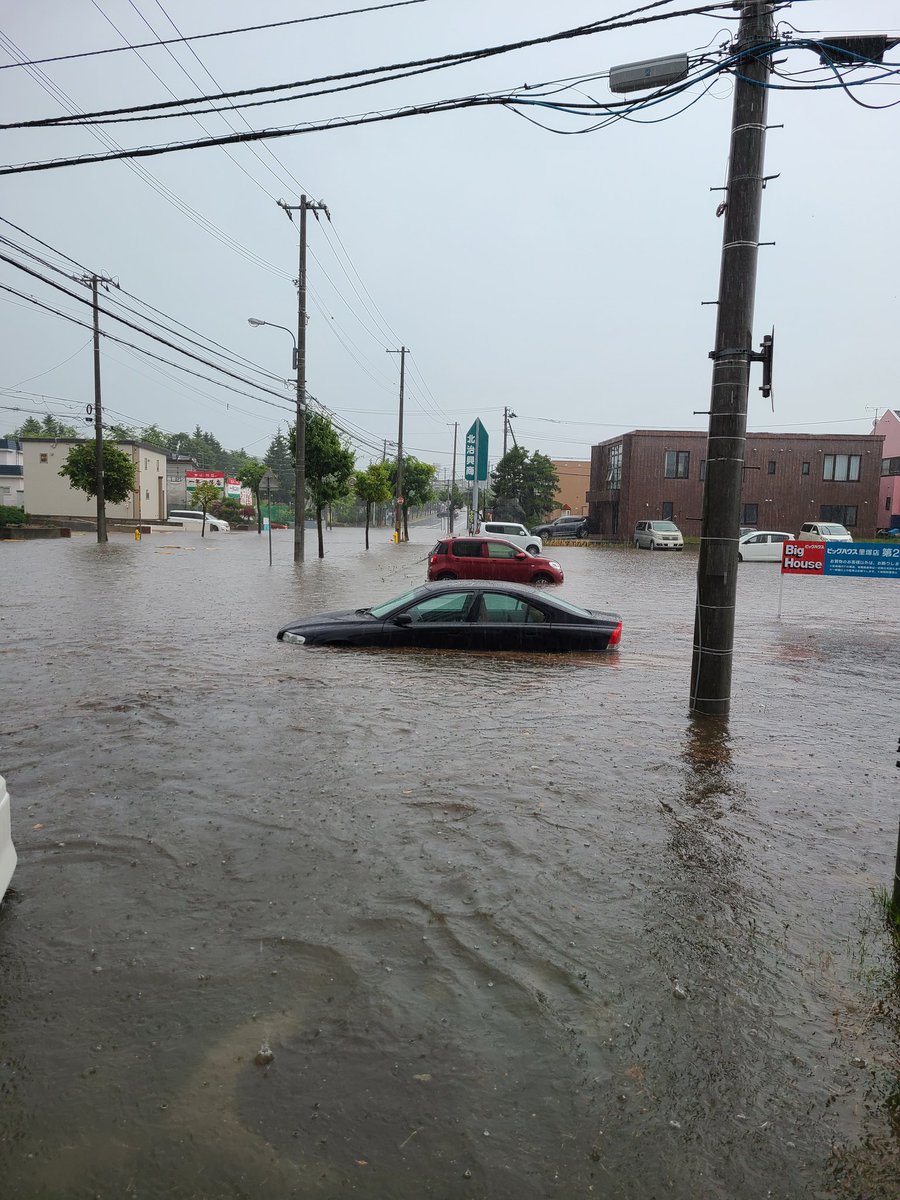 チャガ V Twitter 夜勤明け 雷と激しい雨で目覚めました 外見てビックリ 道路が冠水して車も水没してる
