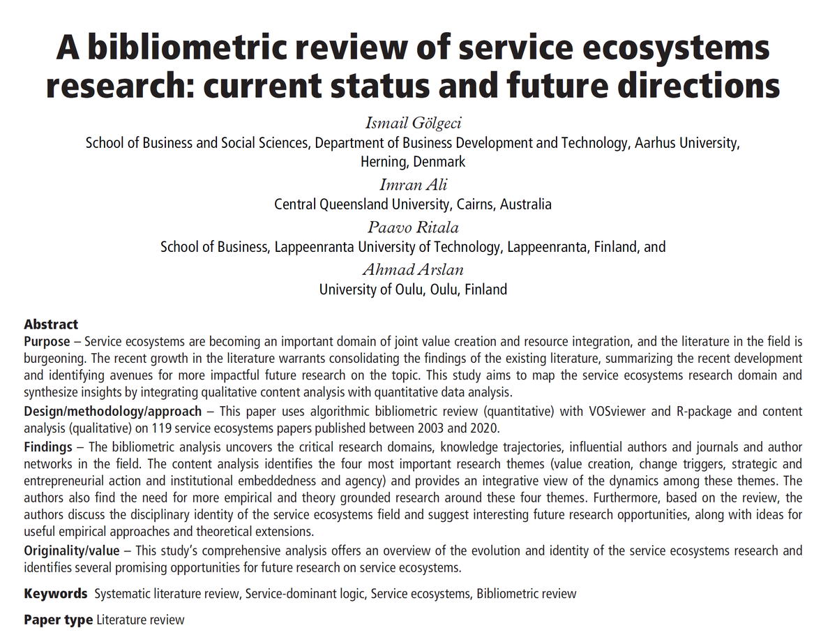 PaavoRitala's tweet photo. Interested on service ecosystems?

We mapped the field using both quantitative and qualitative methods, and now the results are out!

"A bibliometric review of service ecosystems research: current status and future directions"

#ServiceEcosystem #Review

https://t.co/IXMqeqv5U2 https://t.co/ZKkWhCBNcC