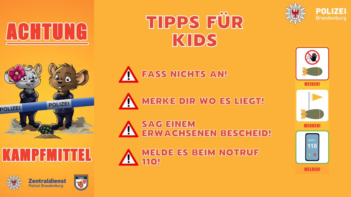 PolizeiBB's tweet photo. #Fundmunition & #Kampfmittel. Eine Gefahr nicht nur für Erwachsene. Auch Kinder können beim Spielen in Wäldern oder beim Buddeln auf dem Grundstück gefährliche Gegenstände finden. Wie sich auch die Kleinsten richtig verhalten sehen Sie in unserem Flyer: https://t.co/lX9t41wEHi https://t.co/OYBH7cwxfU