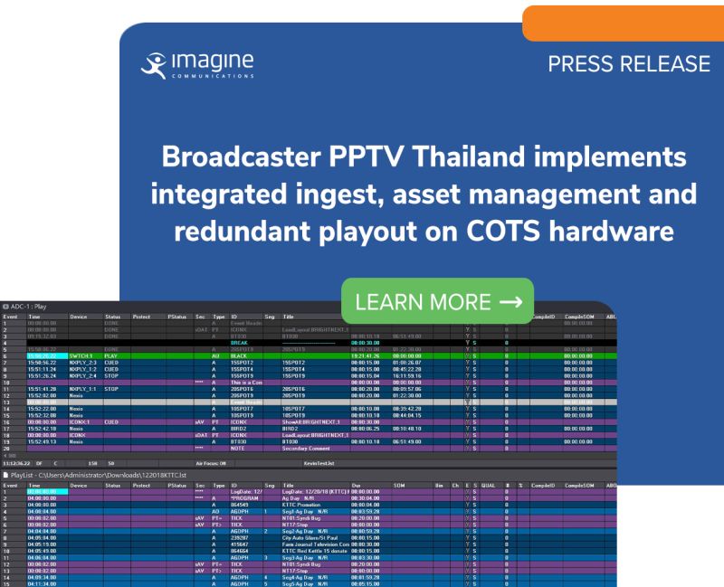 "Imagine’s team demonstrated that they could meet all our #playout needs in a turnkey system that is highly reliable &amp; easy to monitor &amp; maintain,” said Bundit Khamnueng, broadcasting &amp; operations director of #PPTV.

More <a href="/BroadcastBridge/">The Broadcast Bridge</a> here 👇 
lnkd.in/gJzJxwuh

#Versio