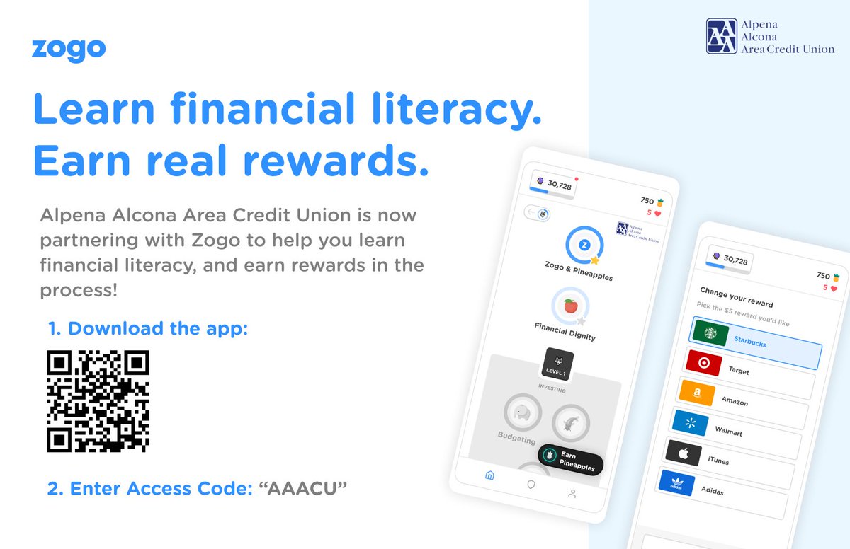 Alpena_Schools's tweet photo. Our good friends at @_aaacu have partnered with @ZogoFinance for financial literacy. Learn while earning rewards towards gift cards with #AAACU #FinancialLiteracy #Zogo https://t.co/HGi4X3TcZb
