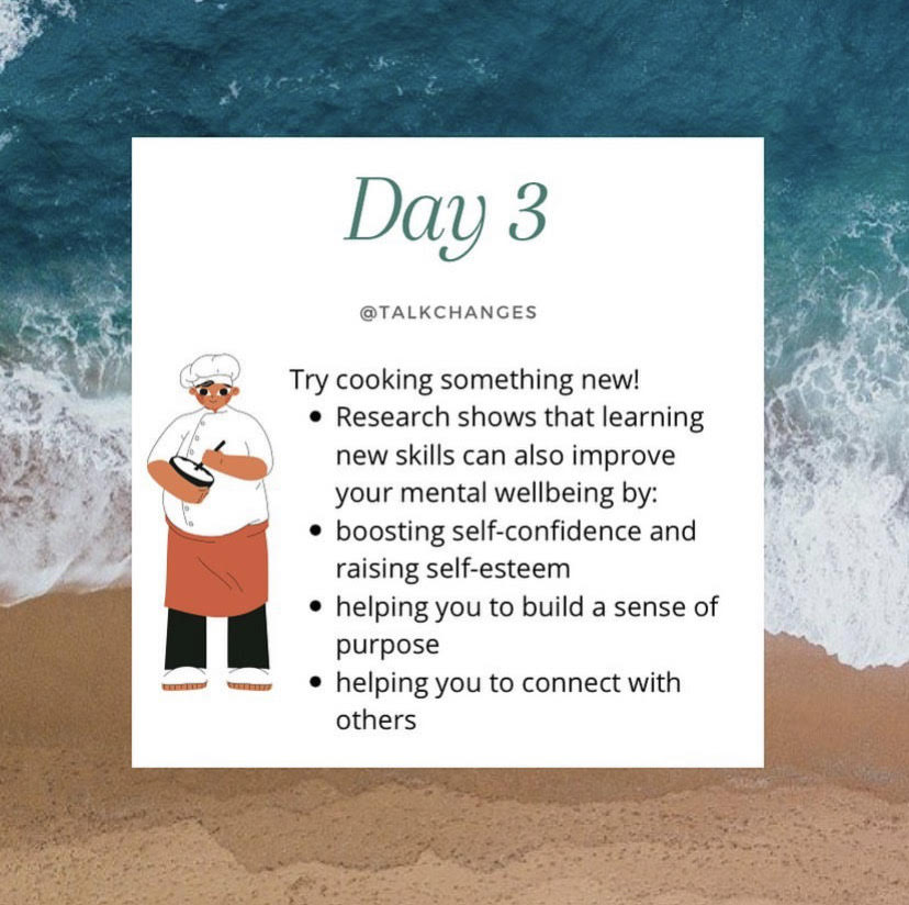 TalkChanges's tweet photo. Day 3 of @TalkChanges self-care week ⭐️
Try cooking something new!🍜 Learning new skills can boost your well-being in many ways - check out our Instagram post to find out more!
#selfcare #wellness #selfcareweek #talkchanges https://t.co/AC7XI1xw1R