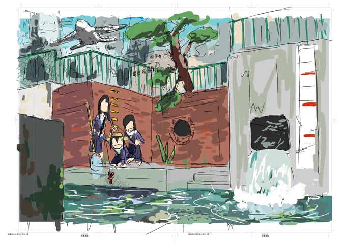 映像研第一話扉絵ラフ。担当氏に「第一話なのでキャラクターは大きい方がいいです・・・」と言われて泣く泣く大きくした 