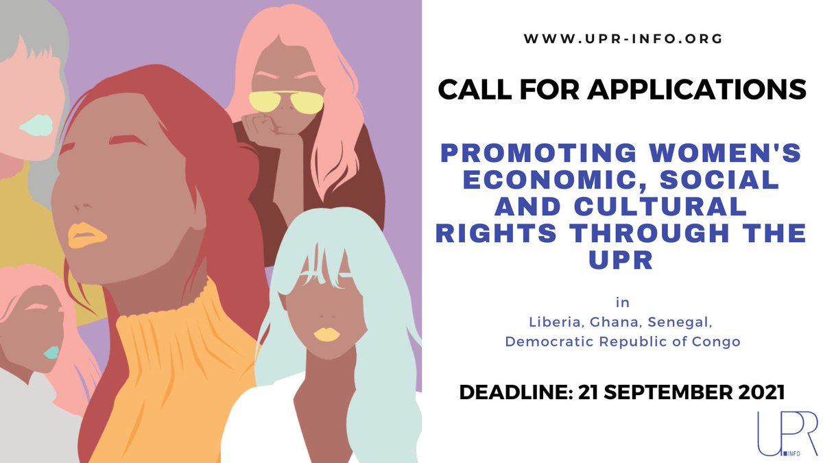 Looking for funding to support #women's empowerment and enjoyment of #ESC rights?
Target countries: #Liberia #Ghana, #DRC #Senegal 
Submit your project application by 21 September 2021!
bit.ly/3xnD0yA

 #Womenrights #UPR #UPRinfo