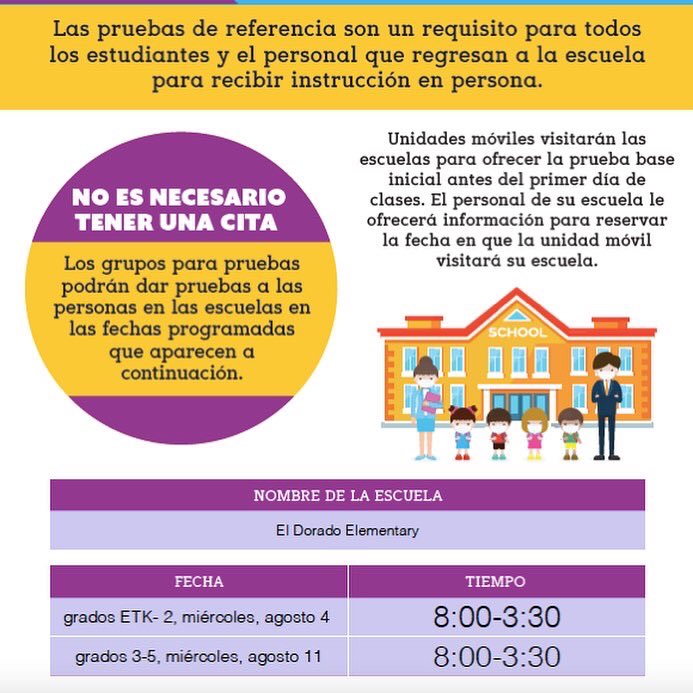 ElDoradoBears's tweet photo. @ElDoradoBears Baseline COVID-19 tests available at our school TODAY, 8:00-3:30. No appointment needed. More info at https://t.co/y2fQBCveqi #LDNEStartStrong @LDNESchools @LASchools @Kelly4LASchools #RiseandSoar34 #LDNETeachersRock https://t.co/xVH9KPqxLn