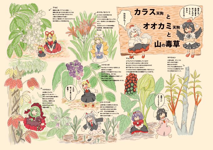 結構前に描いた東方キャラで山菜やキノコの紹介する漫画。 お遊びで描いたものなので、実際に山菜やキノコを採る際は専門の図鑑を参考にしてね～。 