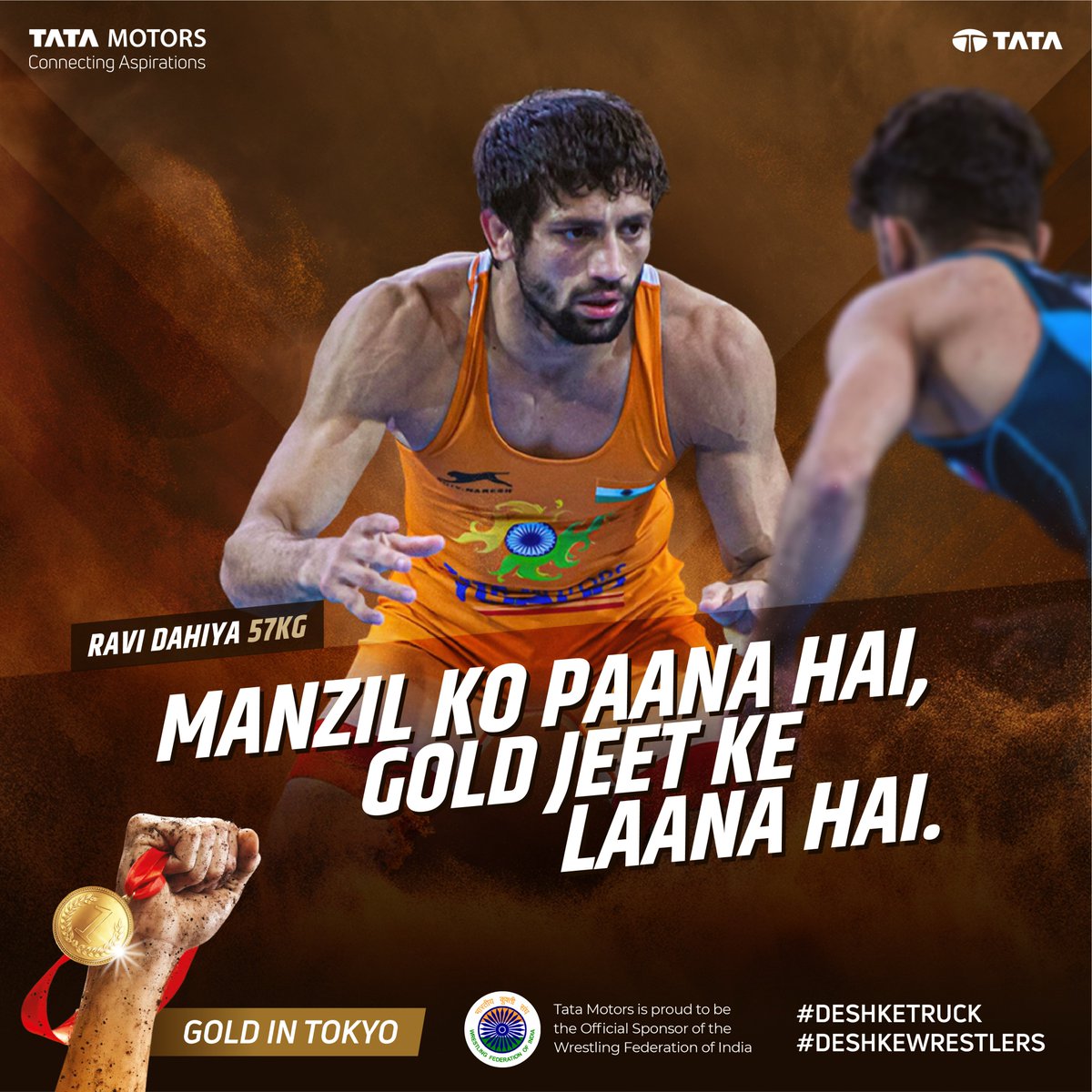 TataMotors's tweet photo. Semifinals ke aakhri ek minute mein, shaandaar comeback maarte hue, Ravi Dahiya pahunch chuke hain finals mein! Is jeet ke mauke par poora desh unka hausla badhate hue kehna chahta hai ki ab Gold door nahi. Match hoga 5 August ko 4.30 pm #DeshKeTruck  #DeshKeWrestlers https://t.co/JmldnXeww7