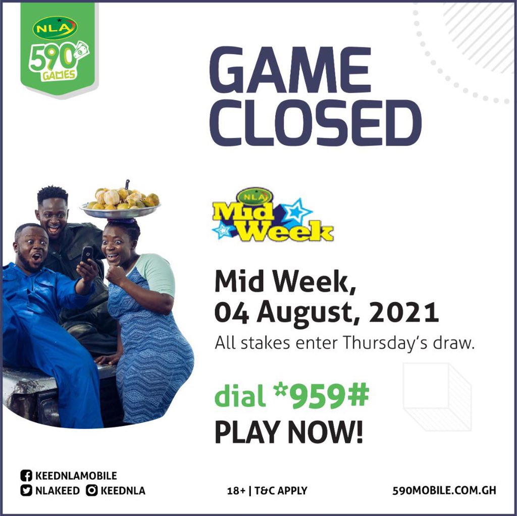odartey_gh's tweet photo. Game closed for today’s game Midweek 4th August 2021. All stakes enter Thursday’s draw 5th August. Dial *959# or visit https://t.co/78K5fRaDra and play now. #gameclosed #results #winners #Keed #NLA @NlaKeed https://t.co/F61rIvV0xb
