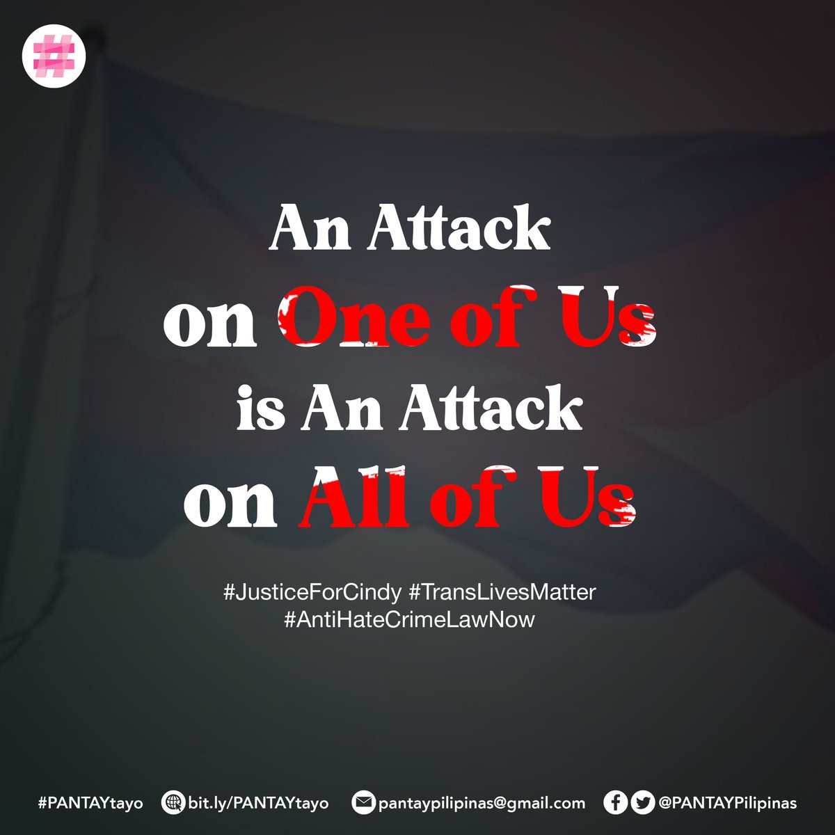 Trigger Warning: Hate Crime, Transphobia, Violence

PANTAY condemns the brutal killing of Cindy, a transgender woman from Bulacan who has become a recent addition to the long list of injustice and violence against transgender Filipinos
#JusticeForCindy #JusticeForTransLives (1/2)