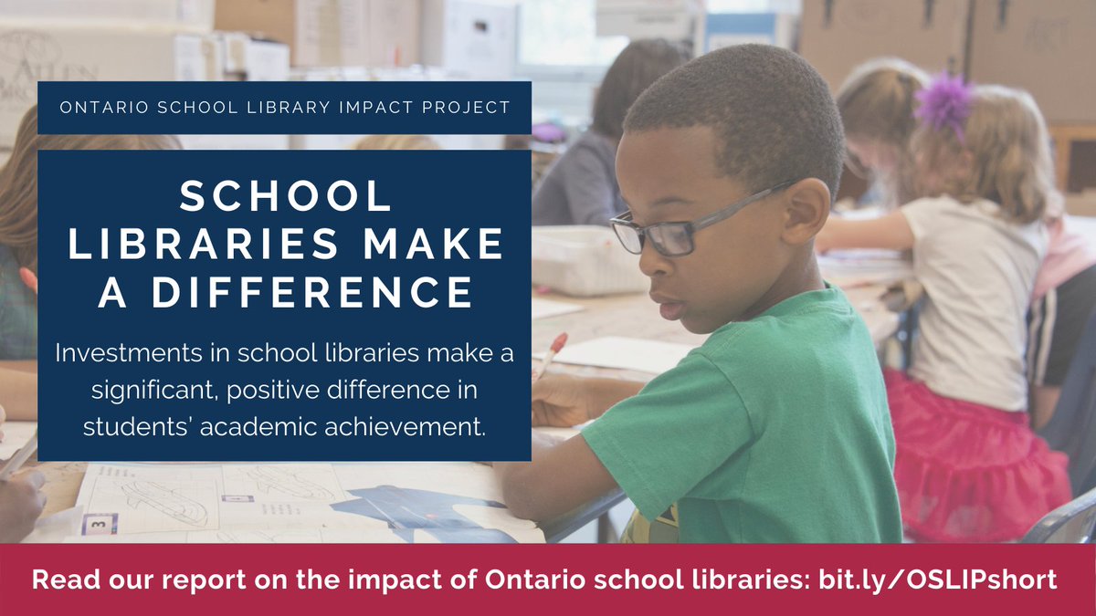 ONLibraryAssoc's tweet image. School libraries make a difference. Investments in school libraries make a significant, positive difference in students’ academic achievement. Learn more and read our #OSLIP report here: bit.ly/OSLIPshort