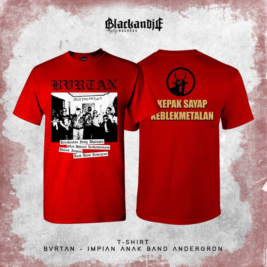 BlackandJE's tweet photo. [PRE-ORDER: BVRTAN] Merayakan Agvstvs, kami hadirkan po bvndle kaos "Impian Anak Band Andregron" + 4 pcs pin bvtton seharga Rp.200.000,- (blm trmsvk ongkir). Hvb: +62 812-3515-1645. Salam NANGIS! #bvrtan #blackandje #blackandjerecords #preorder https://t.co/xd137CDmOL