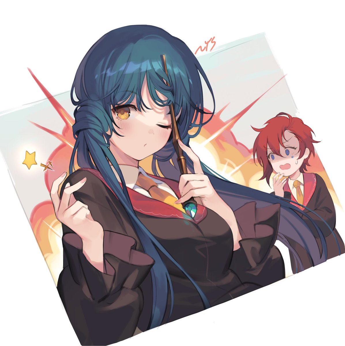 one eye closed necktie wand holding wand long hair red hair blue hair  illustration images