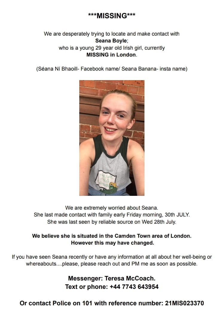 TinneyKaren's tweet photo. London peeps - please keep an eye out for Seana. #london #MISSING  #irishinlondon #londonirish https://t.co/EXrEINroBQ