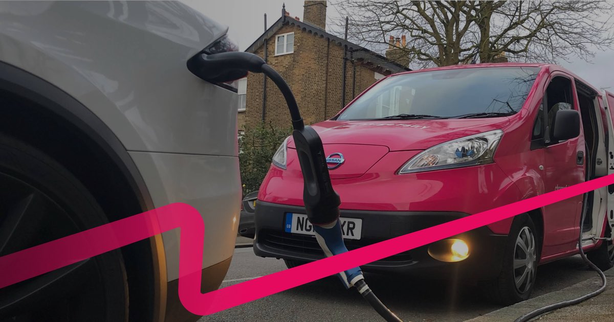 A Charge Fairy mobile charging van charging a Tesla Model X parked on a London Street
