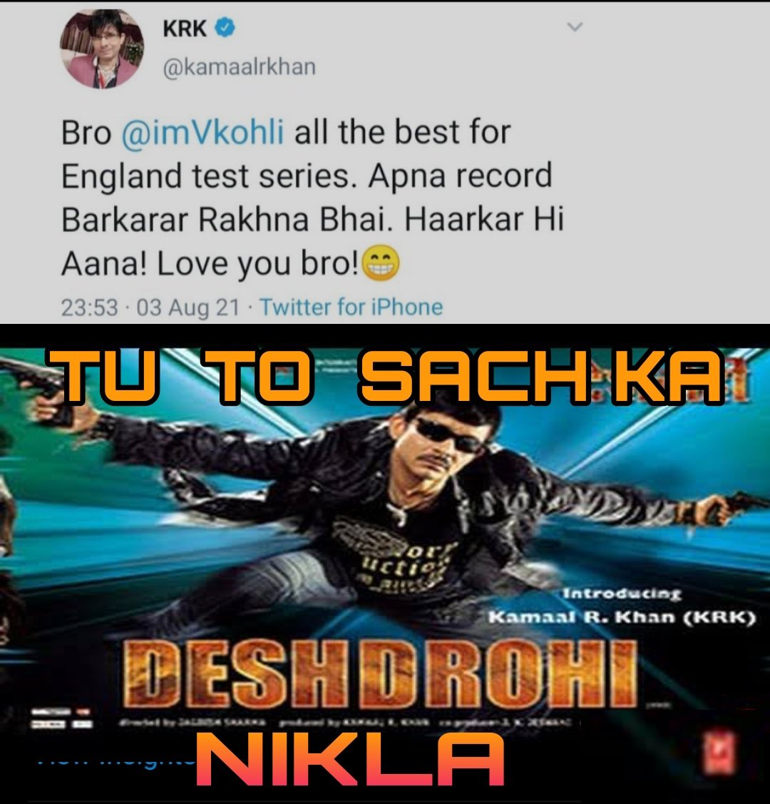 Vendutta1's tweet photo. @kamaalrkhan @imVkohli Deshdrohi...I thought your account was suspended.. https://t.co/cEa5VCXnjY