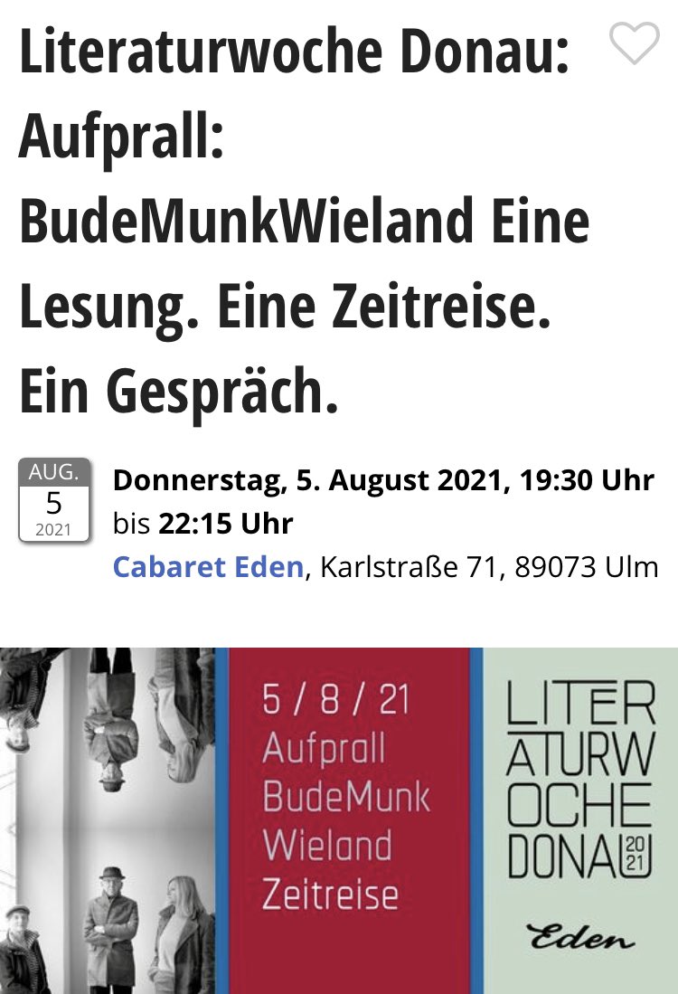 budemunkwieland's tweet photo. Literaturwoche Donau mit AUFPRALL in Ulm. 

„Im Abgründigsten und Kühlsten glühend lebendig“, Frankfurter Hefte, 3/2021

Moderation: Cora Schönemann, Cabaret Eden

#literaturwoche #ulm #kwi @kwi_essen @hanserliteratur @pressenet @literaturwelt https://t.co/S1VNXxrWge