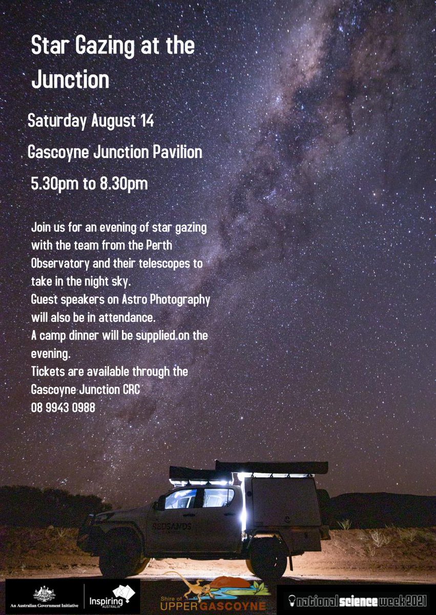 perthobs's tweet photo. #Perth #WA Escape the cold with us as we head up to #GascoyneJunction to do a free astronomy night on Saturday, 14th of August while eating great camp food
Booking is free but essential: https://t.co/SoJu3iwkAd
#perthnews #wanews #westernaustralia #wanderoutyonder #experiencewa https://t.co/X9lFFjH8P8