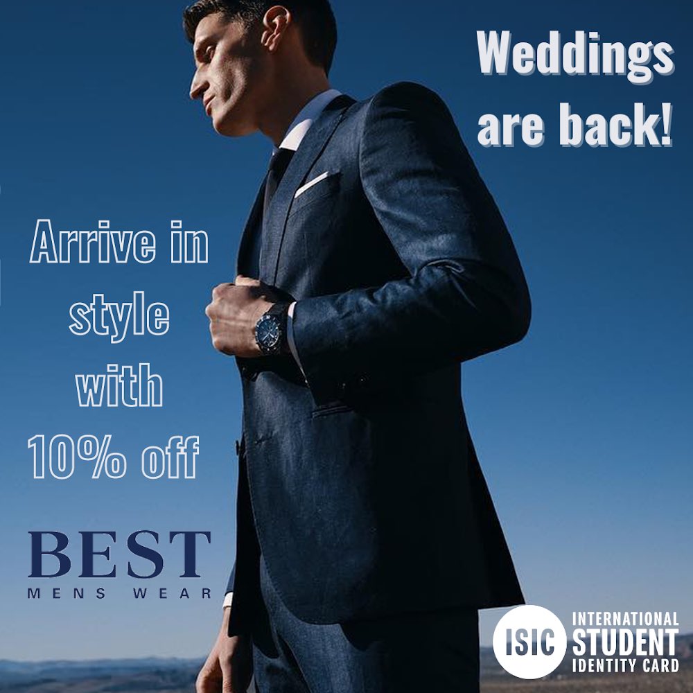 Weddings are back! 🥳
ISIC card holders can avail of 10% off in store at <a href="/Bestmenswear/">Best Menswear</a> 

#wedding #isic #discount #suit #outfitinspiration