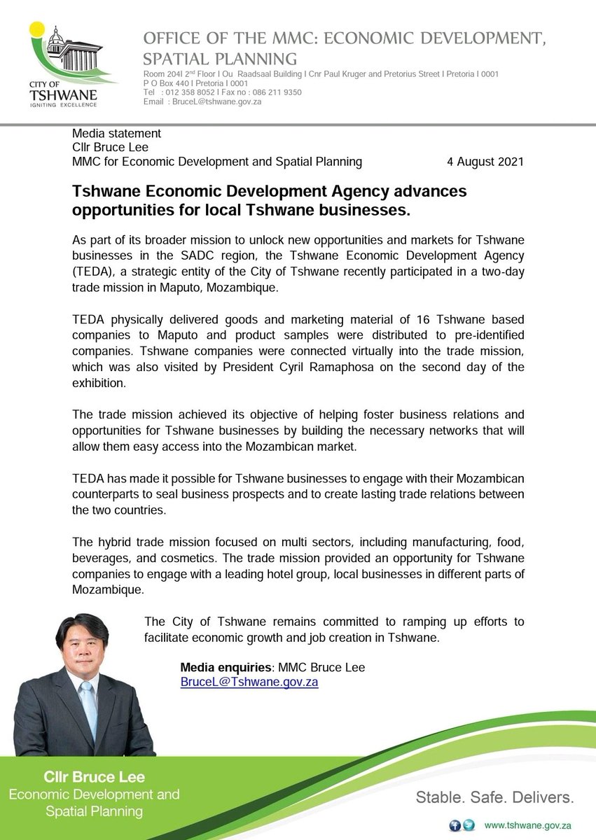 JdPBCN001's tweet photo. Media statement Cllr Bruce Lee 
MMC for Economic Development and Spatial Planning 

4 August 2021  Tshwane Economic Development Agency advances opportunities for local Tshwane businesses.  

#TshwaneStableSafeDelivers 
@cnlrBruceLee https://t.co/oMUrfLKZyl