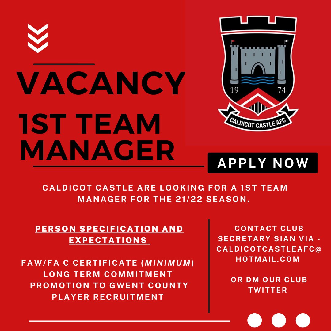 🚨 VACANCY 🚨

Caldicot Castle’s first team are looking for an experienced manager for the 21/22 season to guide them to another successful season and beyond.

If interested please get in touch.