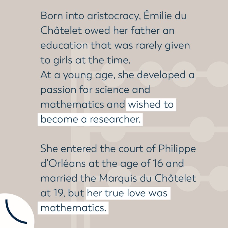 4womeninscience's tweet photo. Discover the story of Emilie du Châtelet, a major scientist of the Enlightenment.🗣️“If I were king, I would redress an abuse which cuts back, as it were, one half of human kind. I'd have women participate in all human rights, especially those of the mind."#RecognizeWomenInScience