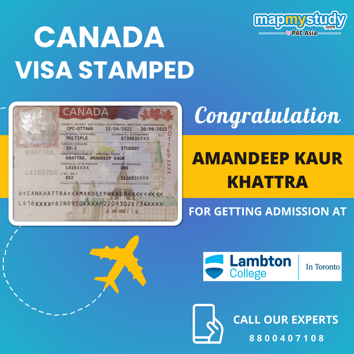 MapMyStudy's tweet photo. Heartiest congratulations to our students on getting their CANADA Visa.
We wish them all the best.
Talk to our expert counselors at 8800407108. Apply Now to get your Study Visa for CANADA!
#StudyInCANADA #StudyAbroad #MapMyStudy #EdTech #clickapplyfly #Canada https://t.co/jzKJ5WXRlr