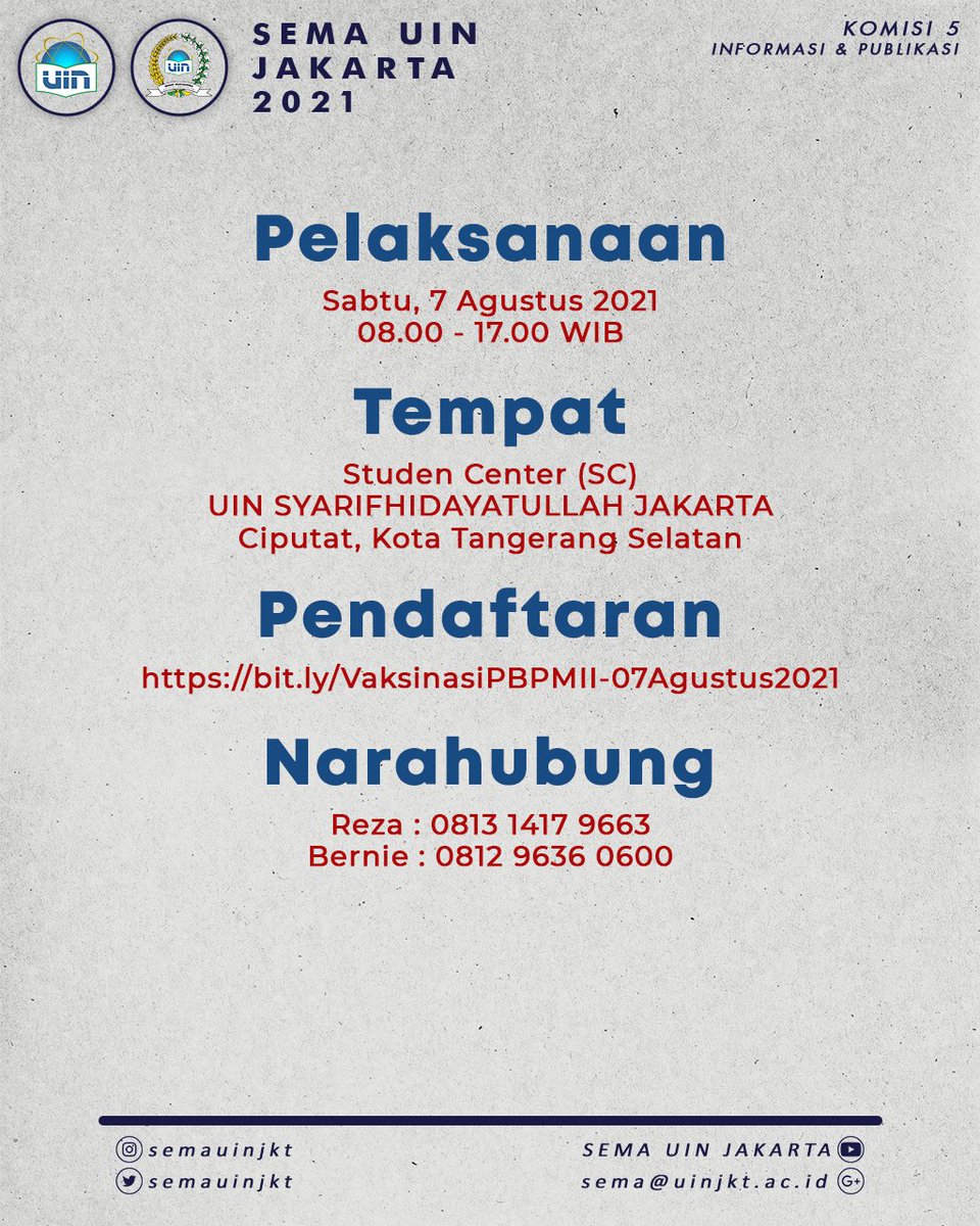 semauinjkt's tweet photo. Pelaksanaan Program Vaksinasi Massal Dosis Pertama, pada:
Sabtu, 7 Agustus 2021
Aula Student Center, Kampus 1 UIN Syarif Hidayatullah Jakarta
08.00-17.00 WIB

Pendaftaran hanya dapat dilakukan secara Online, melalui link dibawah ini:
https://t.co/AIZlWfmVX7 https://t.co/vCZy2N66b3