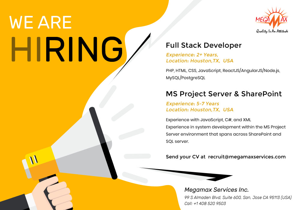 MegamaxServices's tweet image. Hiring is ON in Megamax Services for Full Stack Developer & MS project server & SharePoint in USA location
Interested candidates may send their CV to recruit@megamaxservices.com
#MegamaxisHiring #StackDeveloper #MSprojectserver #SharePoint #USA