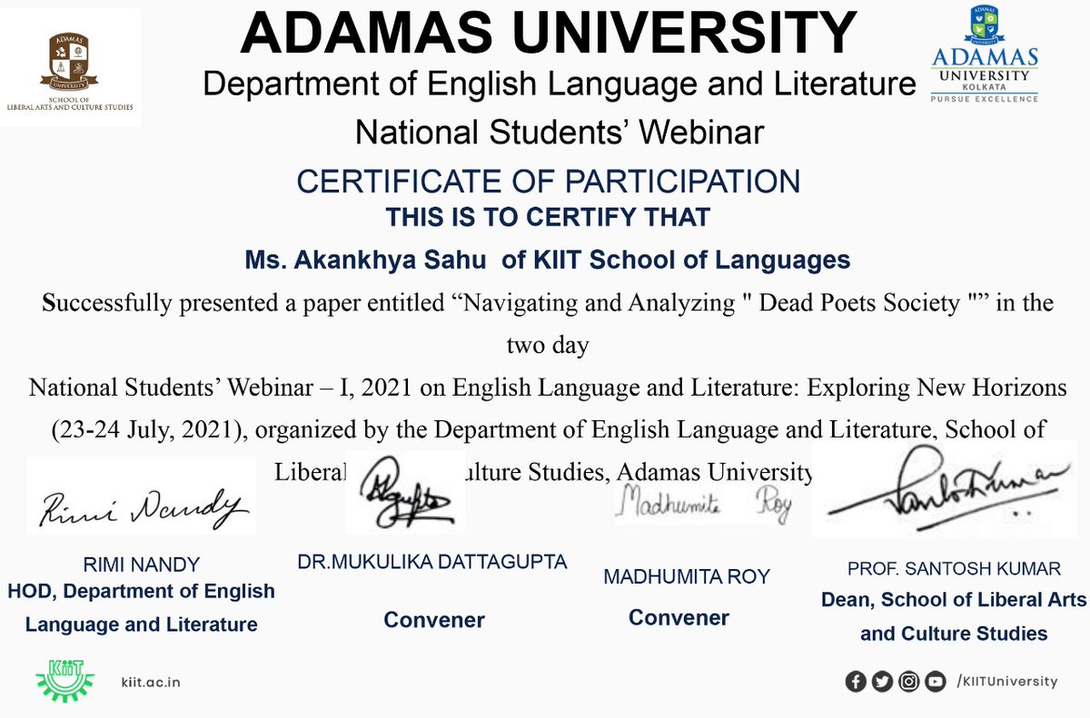 KIITUniversity's tweet photo. #KIIT Students from School of Languages Excel in National Level Students' Webinar 2021for presenting their papers.

Ms Milan Kumari Panda presented “15th -17th Century: The Concept of Pre-feminist Thoughts.”
Ms Akankhya Sahu presented "Navigating and Analyzing Dead Poets Society" https://t.co/KjkmkasX9j