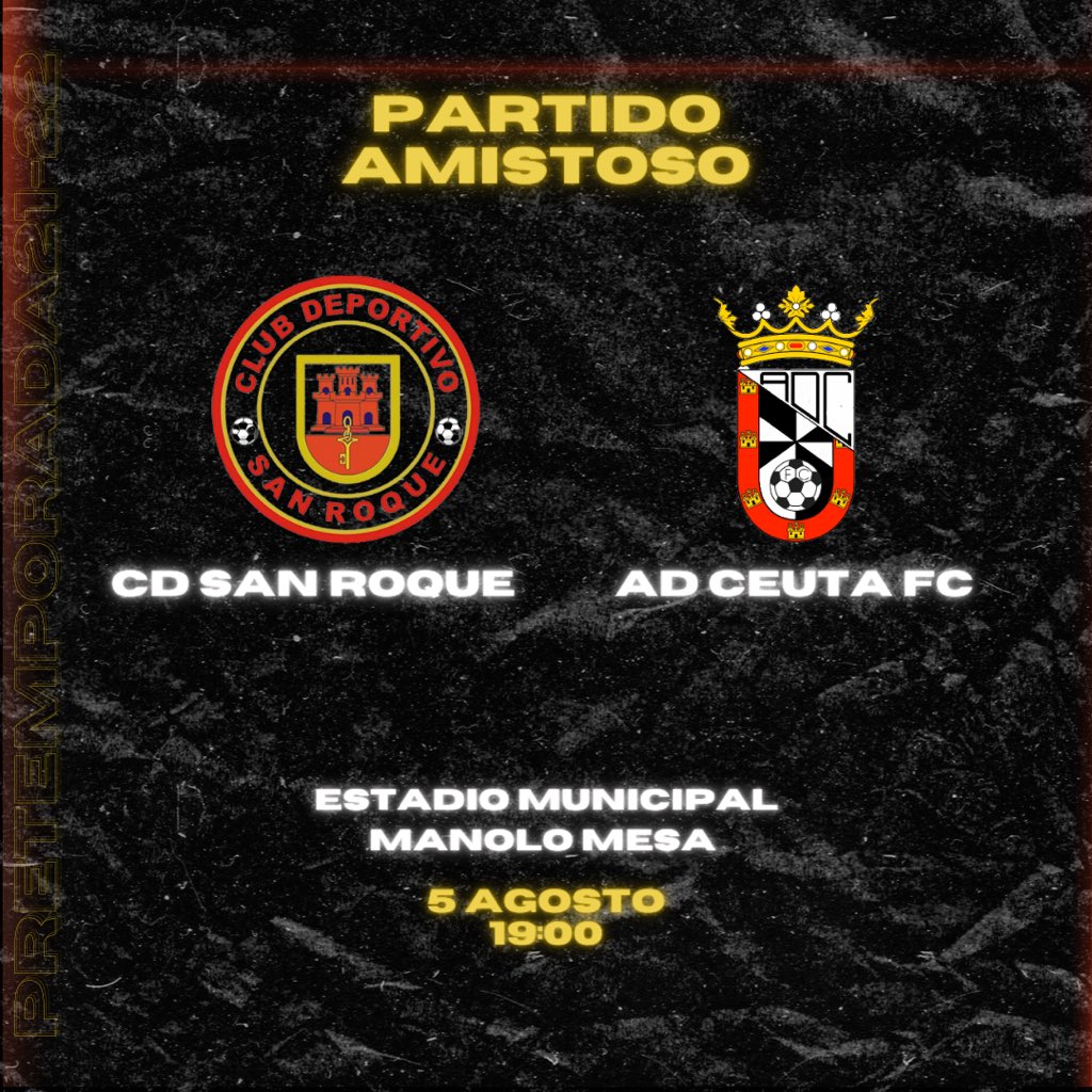 OFICIAL | 📣 

Partido de pretemporada ⚔️

<a href="/cdsanroquecadiz/">CD San Roque</a> VS AD Ceuta FC 

ℹ️ El equipo permite un aforo de 150 personas y la entrada se podrá comprar en taquilla. 

⏰ 19:00h

🏟 Manolo Mesa 

Nos vemos mañana <a href="/cdsanroquecadiz/">CD San Roque</a> 👋🏼

#SiempreADCeutaFC ⚪️⚫️