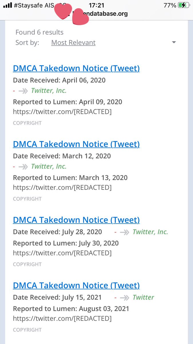 เตือนๆทวิตเตี้ยนทุกคน ไม่อยากให้แอคปลิว ลองไปเช็คแอคตัวเองดูว่ามีทวิตไหนติดลิขสิทธิ์มั้ย ถ้ามีมันจะขึ้นเหมือนรูปที่ 3 รีบตามลบเลย 

🖇 lumendatabase.org