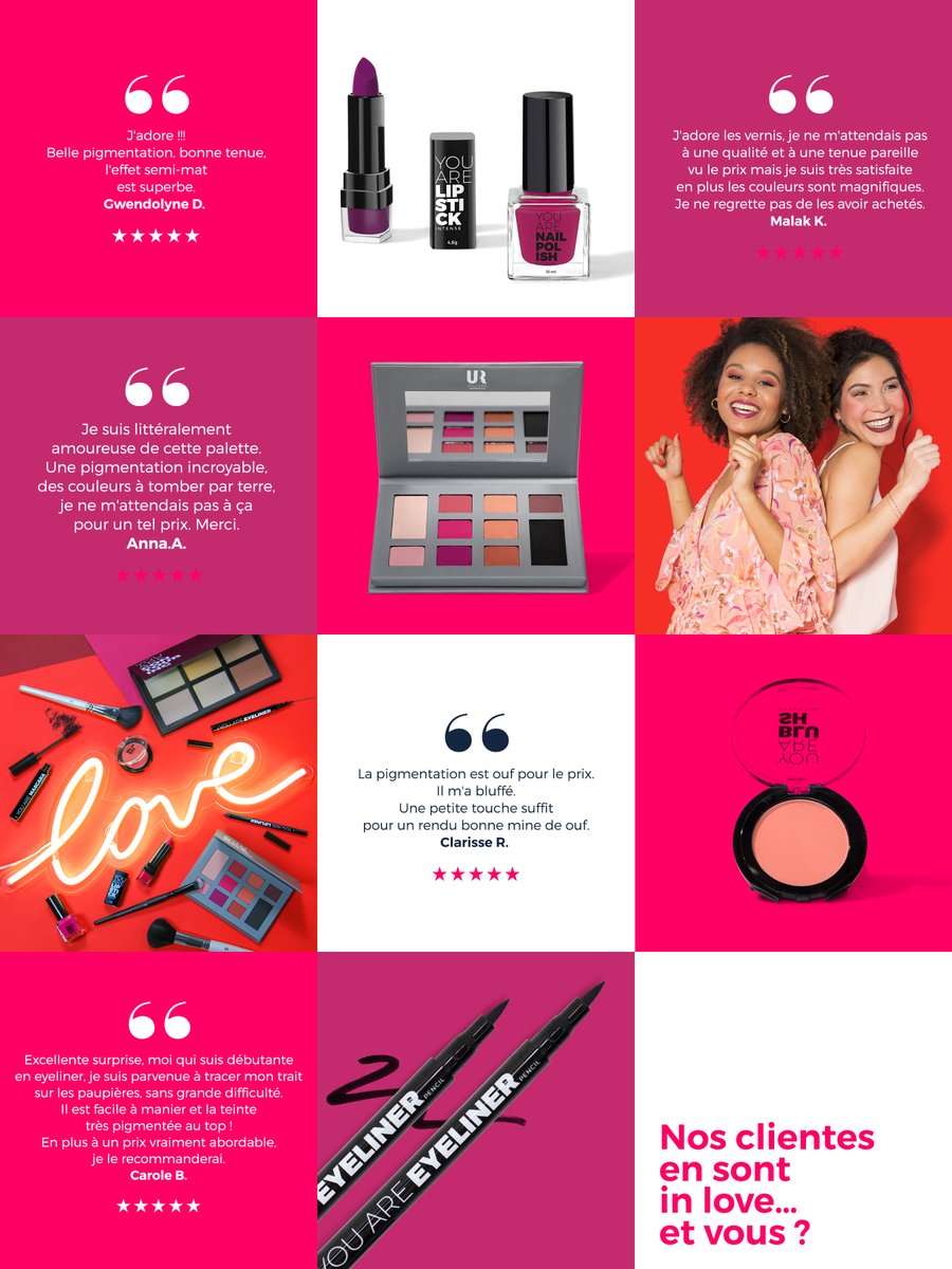 You Are Cosmetics Lovers ❤❤❤
Découvrez les produits testés et adorés par nos clientes à prix tout doux sur youarecosmetics.com.
Nos clientes en sont in love… et vous 😉  ?