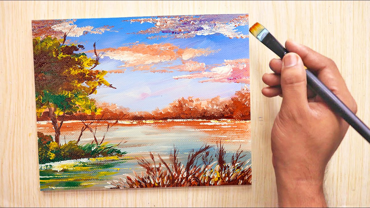 Evening Natural Scenery Painting | Painting Tutorial | Easy Acrylic Pain... youtu.be/93xEXejr17U via @YouTube