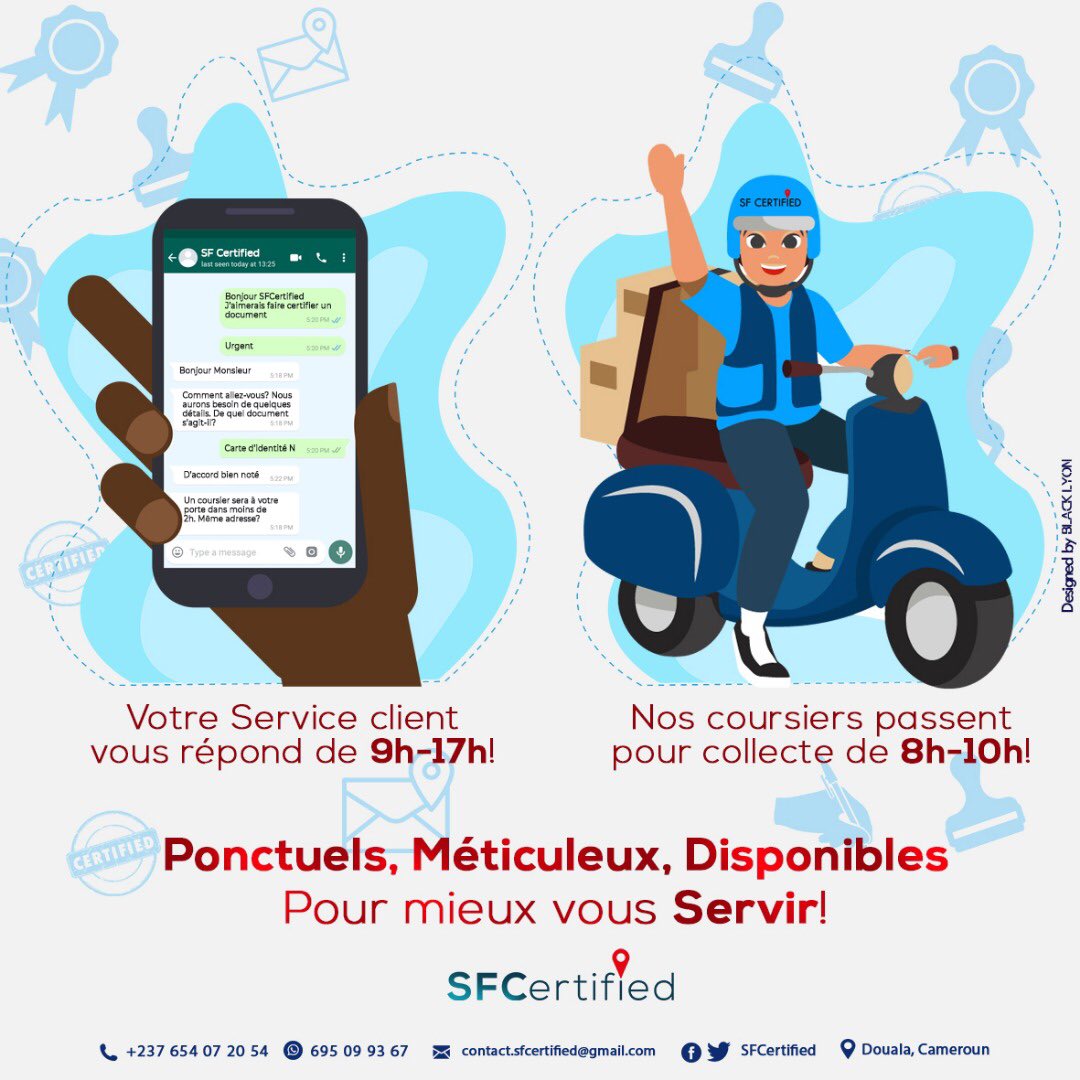 SfCertified's tweet photo. Hello SFPeople,
Nous sommes *Mercredi Milieu de Semaine* comment as tu prévu de gérer tes dossiers à légaliser cette fin de semaine. Contactes nous dès maintenant pour être free dans ton *Jeudi Anticipation*🤩.
_*VotreTempsemEstPrecieux*_
#SFCertified
#SFDelivery https://t.co/7bk2dvrthW
