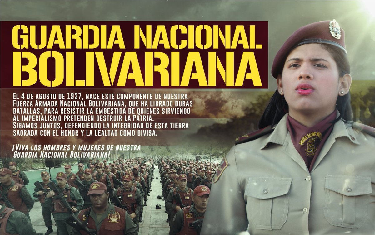#ExcelenciaEducativaMilitar Guardia Nacional Bolivariana. Fue creada el 4 de agosto de 1937. Su misión es de preservar el orden interno de la Nación, en apoyo a las fuerzas de seguridad civiles de la República.
#TricolorBolivariano
@Vladimirpadrino
@ragredad